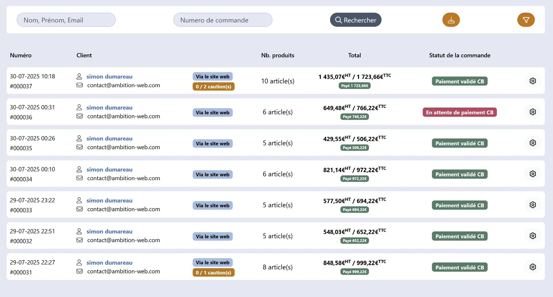 Une interface claire, intuitive et complète pour la gestion de vos commandes en ligne
