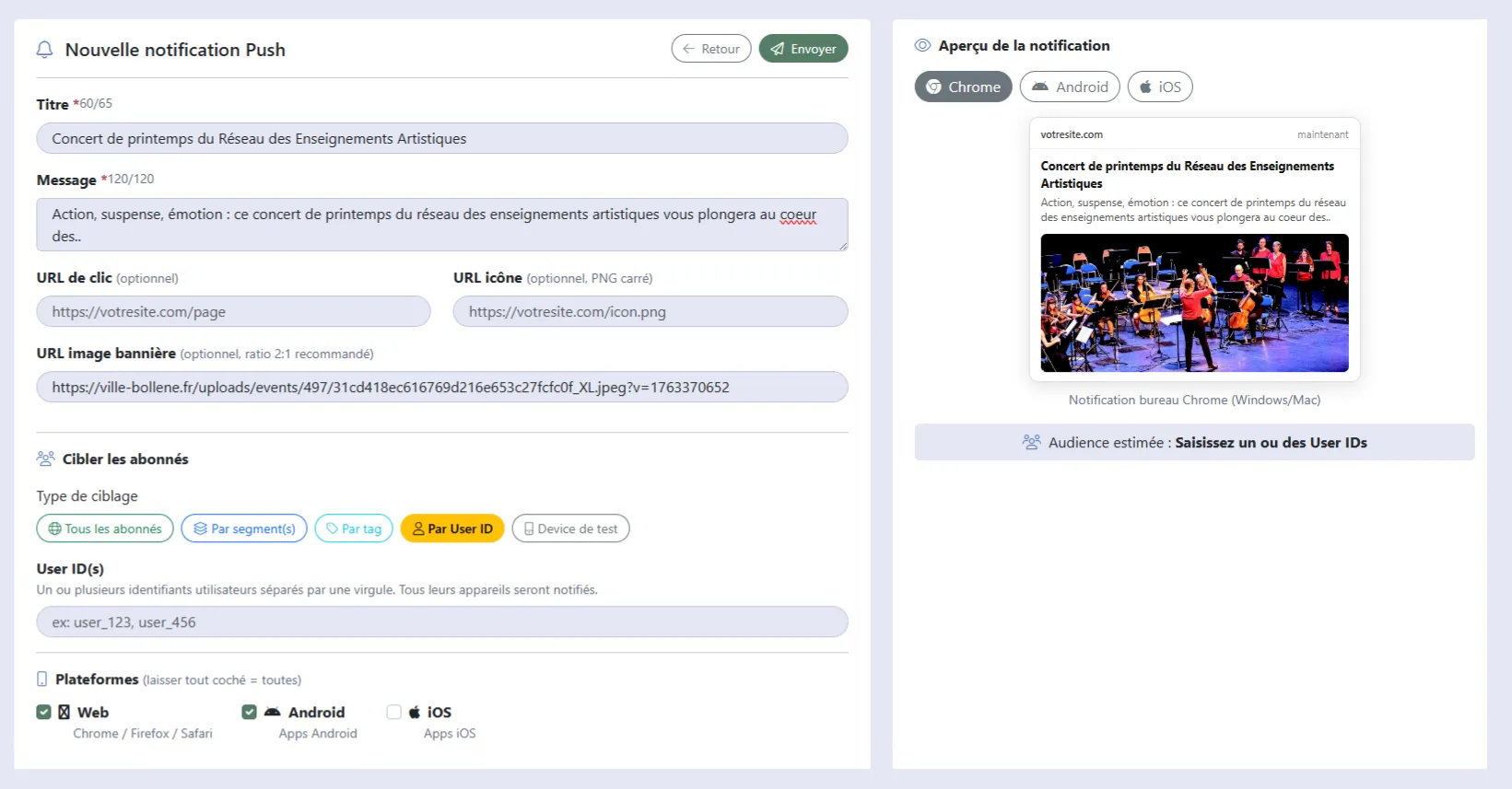 Programmation d'une notification à partir du site web